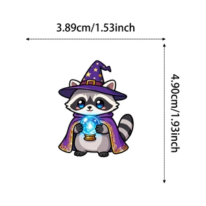 Detailed size chart showing a cute wizard raccoon sticker measuring 3.89cm by 4.90cm