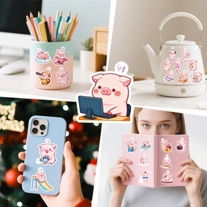 Pink pig cartoon stickers shown on a laptop, phone case, and water kettle for DIY decoration