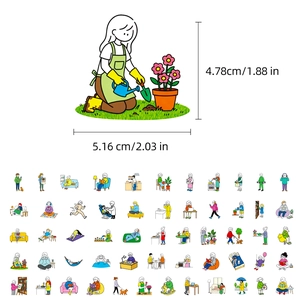 56 Pcs cartoon daily life stickers showing various activities with size measurements