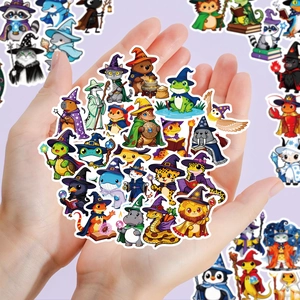 Close-up of assorted waterproof wizard animal stickers featuring cats and frogs