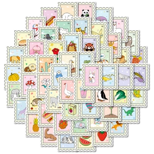 Lot de 56 autocollants mignons style timbres avec animaux et nourriture pour papeterie