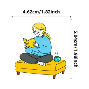Detail showing cartoon sticker dimensions of a woman reading on a yellow sofa
