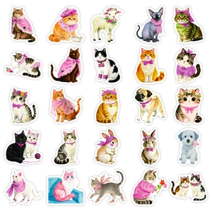 Set of 56 cute pink cat and pet graffiti stickers for scrapbooking and decoration