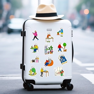Detailed stickers showing a girl in daily activities on a white suitcase in city scene