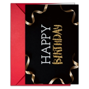 Neon style birthday card set with Happy Birthday text and vibrant red envelope