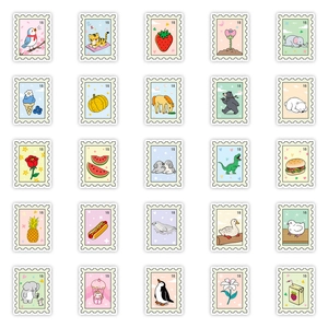 Lot de 25 autocollants mignons style timbres avec animaux et nourriture pour cahiers
