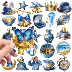 56Pcs dreamy Klein blue PET stickers with gold watercolor celestial motifs and butterflies