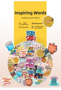 Macro detail of waterproof inspirational stickers with motivational quotes and sunflower art