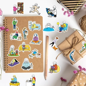 Detailed stickers showing cozy life scenes on a notebook with artistic stationery decor