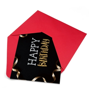 Creative neon birthday card set with red envelope and gold glitter happy birthday text