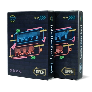 Detail van de verpakking van het Happy Hour-spel met neonontwerp en zijpanelen etiketten