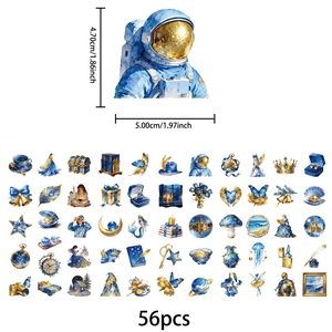 Set of 56 fantasy Klein blue stickers with gold astronaut and star watercolor patterns
