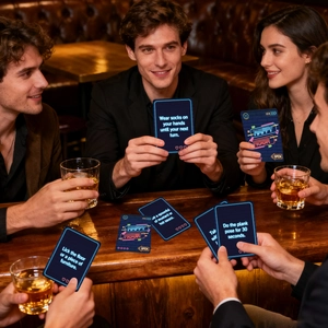 Groep vrienden die sociale partykaartspellen spelen met interactieve neonuitdagingen