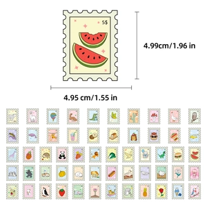 Tableau des tailles détaillé pour 60 autocollants timbres mignons d'animaux et nourriture