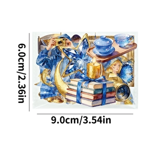 Artistic Klein blue PET stickers featuring watercolor moon stars and vintage book motifs