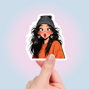 Detail van waterdichte cartoon sticker meisje met oranje hoodie voor koffer decoratie