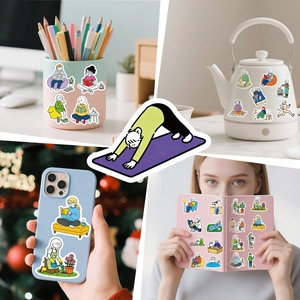 Waterproof cartoon stickers showing daily life scenes like yoga and reading on stationery