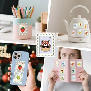 Détail de stickers décoratifs style timbres sur un téléphone et un carnet