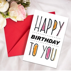 Artistic hand-drawn Happy Birthday card with red envelope on white silk background