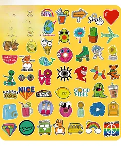 Mise en page matricielle de 50 autocollants de dessins animés d'animaux sur fond jaune vif