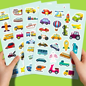 Cartoon transportation sticker set for kids featuring cars, planes, and ships for DIY fun