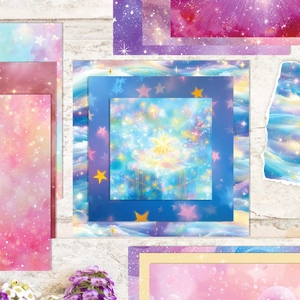 Papier de scrapbooking ciel étoilé onirique avec nuages et paillettes en vue de dessus