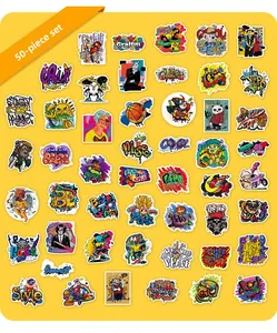 Vue à plat de 50 autocollants graffiti colorés de style urbain avec des motifs hip-hop et cartoon