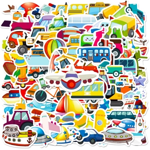 DIY cartoon vehicle stickers set featuring school bus planes and boats for kids