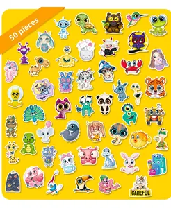 Vue à plat de 50 autocollants d'animaux mignons aux couleurs vives sur un fond jaune éclatant