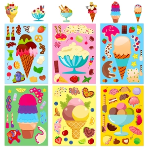 Detailed view of six colorful ice cream dessert sticker sheets for DIY kids creative crafts