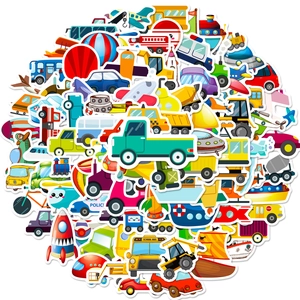 Close-up of assorted transport stickers featuring cartoon school bus, police car, and rockets