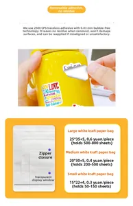 Size chart for stickers packaging showing small, medium, and large dimensions and capacity