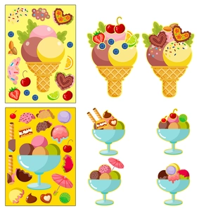 Close-up of DIY cartoon ice cream stickers with various dessert patterns and toppings