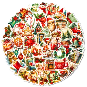 Collection of 50 vintage waterproof Christmas stickers featuring Santa and Reindeer