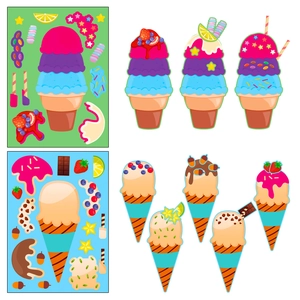 Detail showing colorful cartoon ice cream cone stickers with mix and match faces for DIY fun