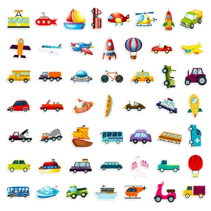 Detailed view of various colorful cartoon transport stickers including cars, planes and ships