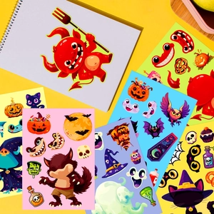 6 sheets of Halloween DIY face swap stickers with pumpkins, ghosts, and colorful cartoons
