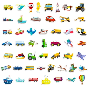 Flat lay of diverse cartoon transport stickers including school bus and plane on white background