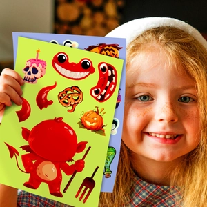 Girl holding Halloween face-changing stickers with cartoon vampire and pumpkin designs