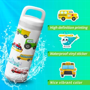 Waterproof cartoon vehicle stickers on white tumbler with vibrant high-definition printing