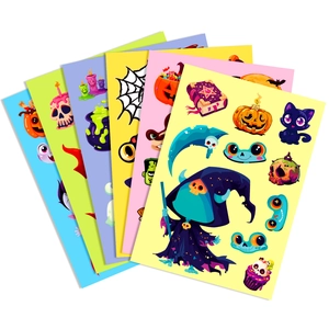 Detailed view of Halloween DIY puzzle stickers featuring cartoon pumpkins and black cats