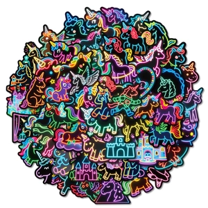 Neon unicorn sticker set with vibrant castle graphics for journals and laptops