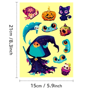 6 sheets of Halloween cartoon DIY mix-and-match stickers featuring black cats and pumpkins