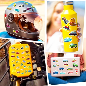 DIY colorful cartoon vehicle stickers applied on helmet, water bottle and laptop