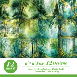 Set of 12 watercolor forest scrapbooking papers with green nature patterns, 6x6 inches