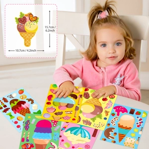 Detail showing toddler playing with ice cream stickers and 15.7cm size dimensions
