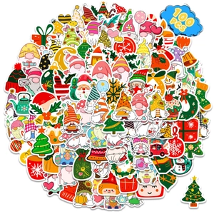 Detailed macro view of 100 colorful Christmas gnome and reindeer stickers for DIY decorating