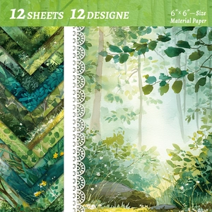 Detail showing 12 sheets of 6x6 inch watercolor forest scrapbook background paper set