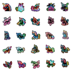 Neon unicorn and castle graffiti stickers set in vibrant rainbow colors for decoration