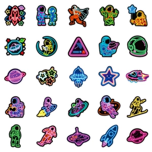 Neon astronaut stickers set with colorful space designs for laptops and suitcases